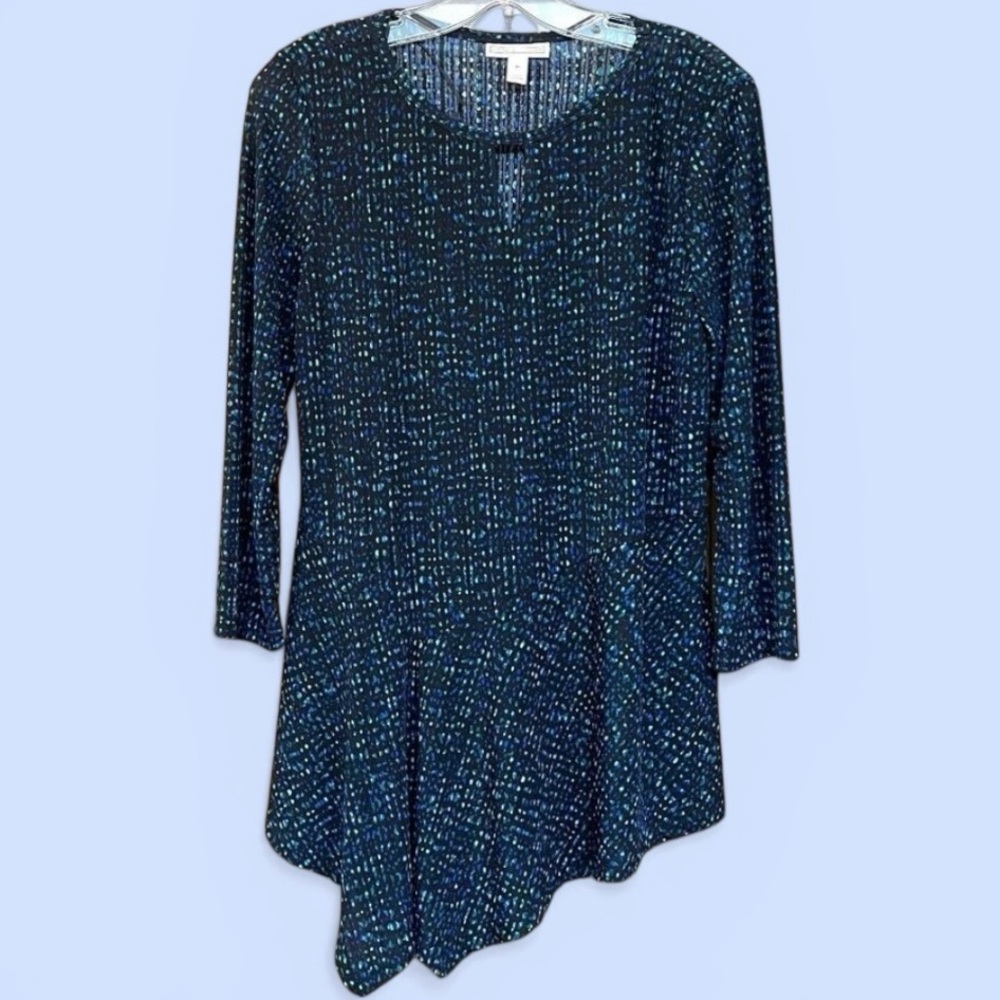 Pullover Top 3/4 sleeve Keyhole‎ Peplum Dana Buchman Sz M Black Blue